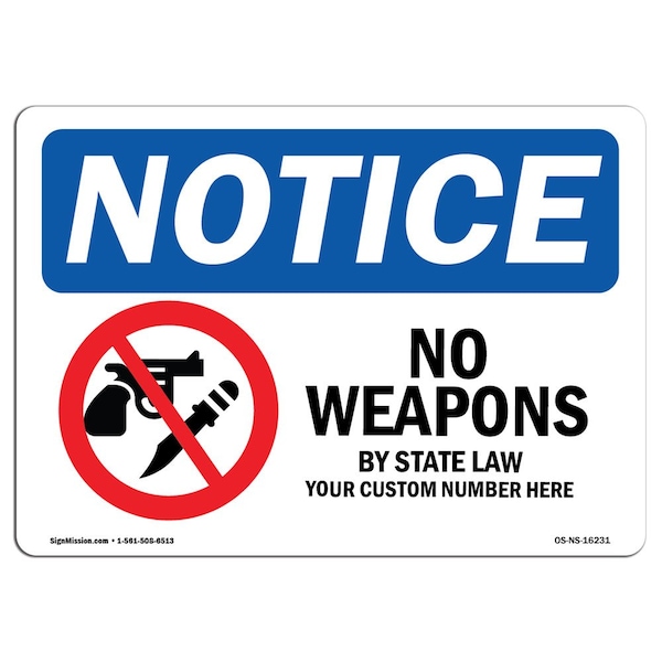 Safety Sign, OSHA Notice, 12" Height, 18" Width, NOTICE No Weapons By State Law Sign, Landscape